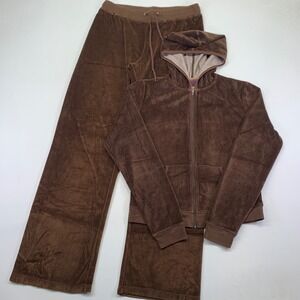Vintage Big Flirt Velour Tracksuit Set Womens Large Brown ZipUp Hoodie Pants Y2K